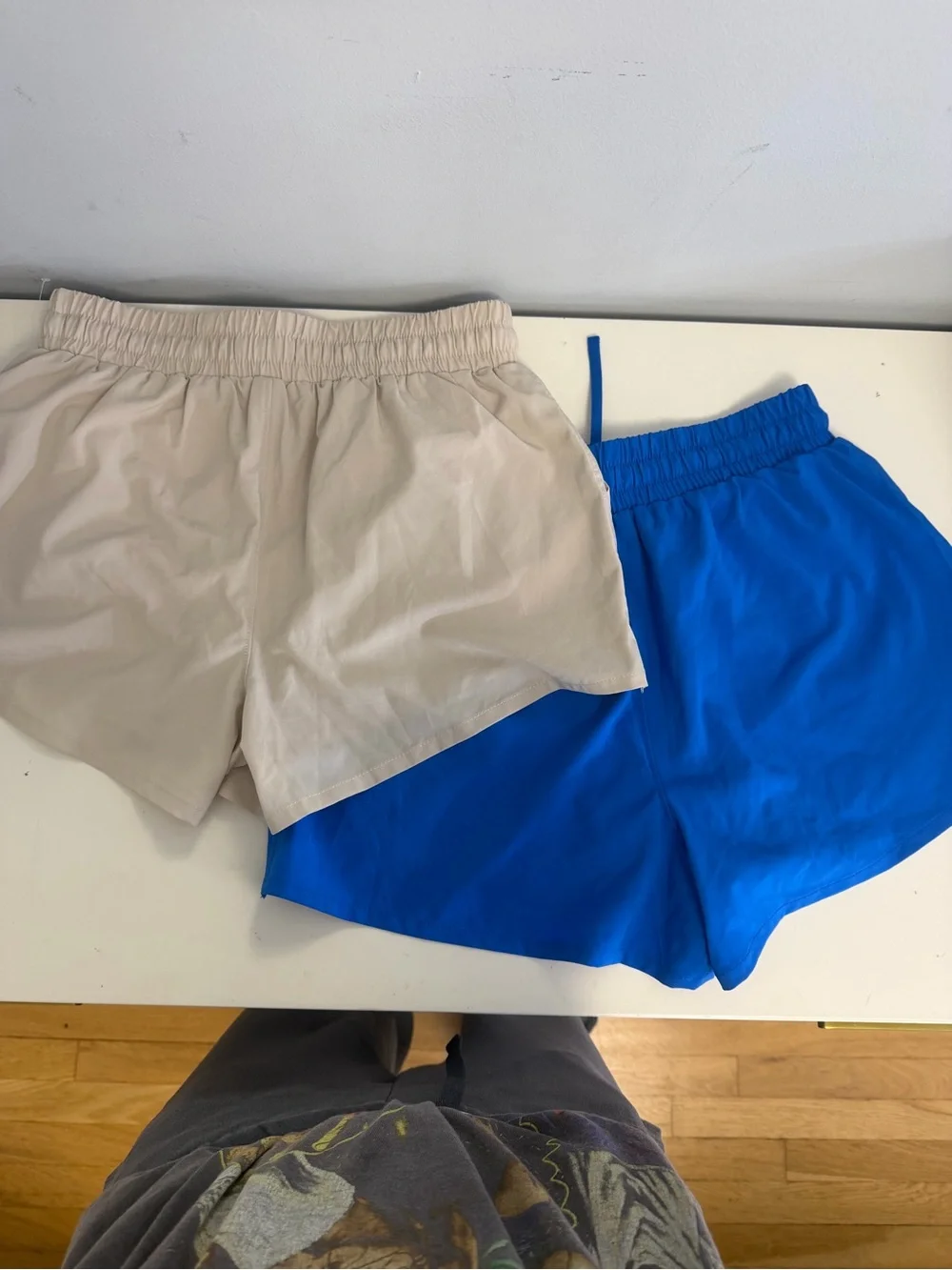 Sincerly Jules Tulip-Hem Athletic Shorts in Blue and Beige